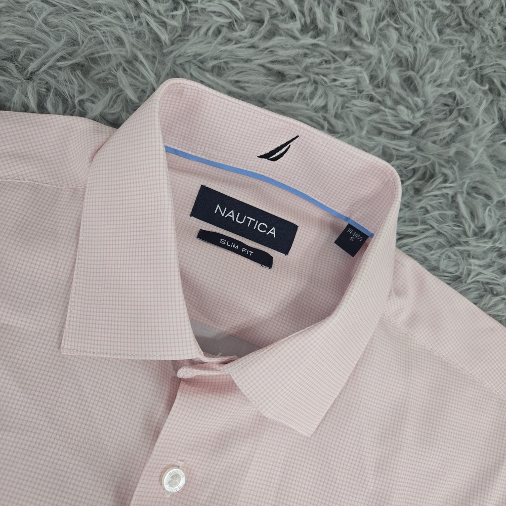 Nautica 10397 Small‎ Powder Pink Micro Check S/S Slim Fit Peromance Dress Shirt